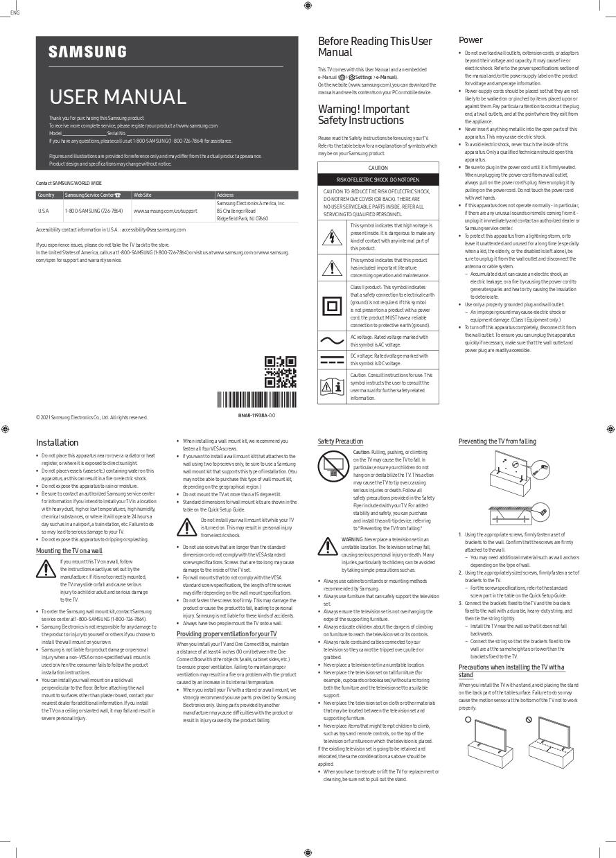 Samsung TV User Manual - Safety Instructions and Mounting Guide