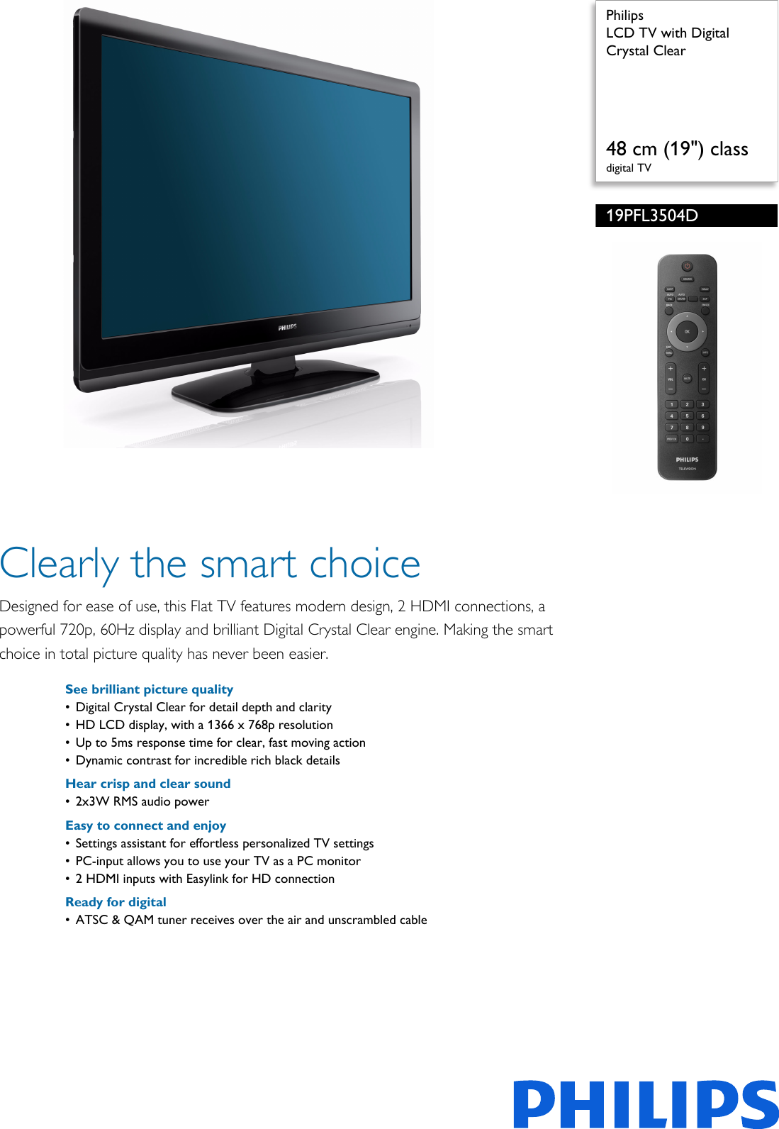 Philips 19PFL3504D/F7 LCD TV With Digital Crystal Clear User Manual